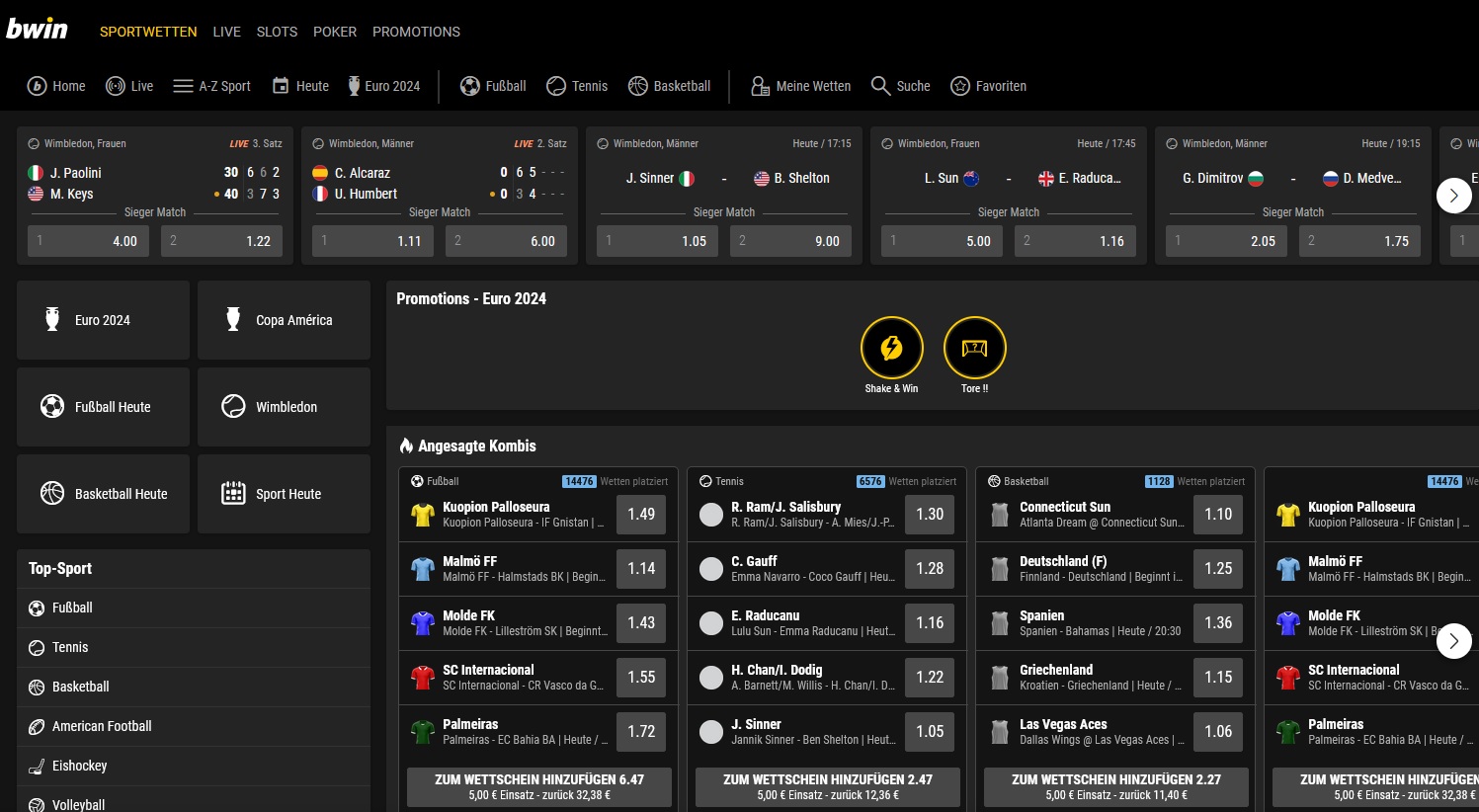 Eine Wettoberfläche auf der bwin-Website zeigt Live-Sportergebnisse und Quoten für Events in Wimbledon, Copa America und anderen Sportligen. Das Layout umfasst Abschnitte für Live-Ergebnisse, laufende Aktionen, verschiedene Sportkategorien und exklusive Bwin-Bonuscodes für Willkommensboni und Einzahlungsboni.