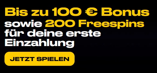 Bild mit deutschem Text, der einen Neukundenbonus im Bwin Casino anbietet. Der Text lautet: „Bis zu 100 € Bonus sowie 200 Freespins für deine erste Einzahlung“ und es gibt einen gelben Button mit der Aufschrift „JETZT SPIELEN“. Der Hintergrund ist schwarz und der Text ist weiß und gelb.