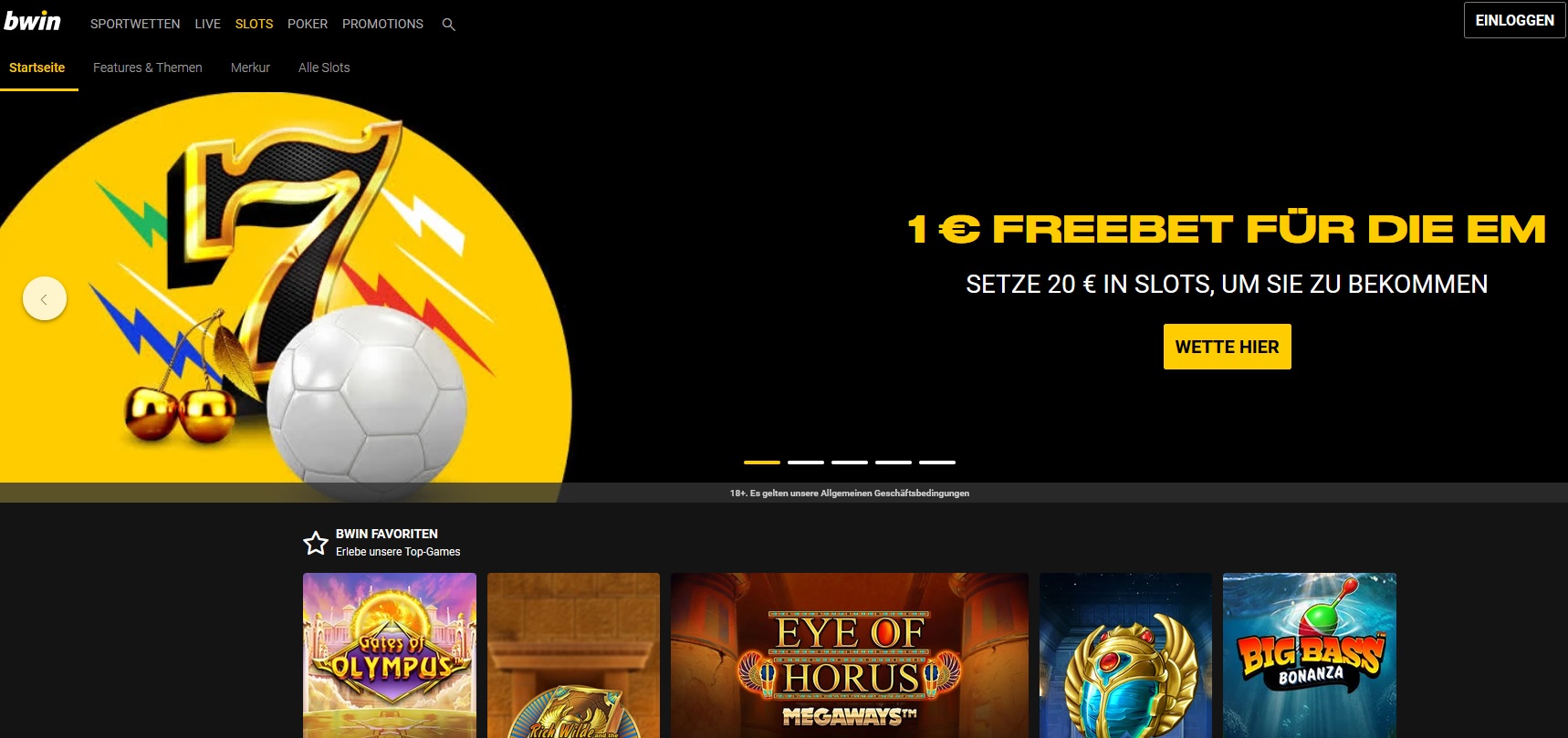 Ein Screenshot der Bwin Casino-Website, auf der verschiedene Slot-Spiele gezeigt werden. Der obere Abschnitt enthält ein Werbebanner mit dem Text „1€ Freebet für die EM. Setzen Sie 20€ in Slots, um sie zu bekommen“ und ein Bild der Nummer 7 mit einem Fußball. Darunter sind mehrere Slot-Spielsymbole zu sehen, die Spieler mit potenziellen Neukundenbonus-Belohnungen locken.