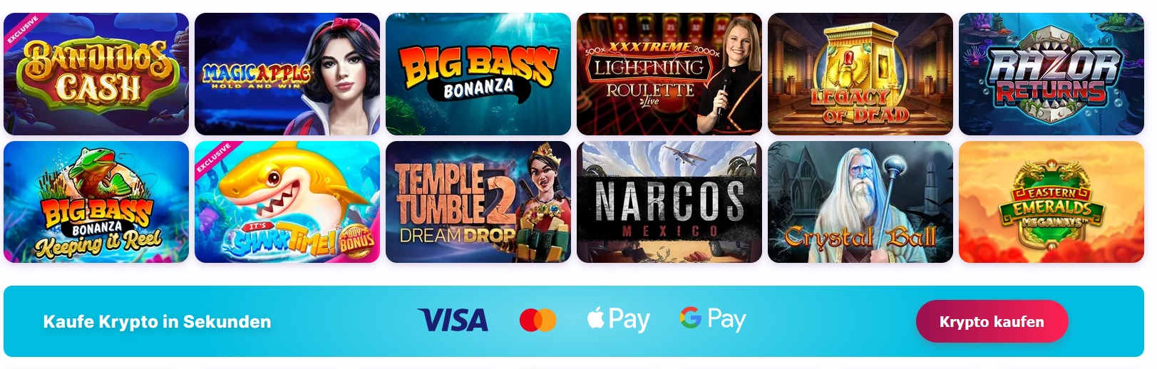 Auf Nomini Casino wird eine Collage von Online-Slotspielsymbolen angezeigt, darunter Titel wie „Bandito’s Cash“, „Magic Apple“ und „Big Bass Bonanza“. Darunter gibt es Optionen zum sofortigen Kauf von Kryptowährung mit Visa, Mastercard, Apple Pay oder Google Pay. Auf einem roten Button steht „Krypto kaufen“.