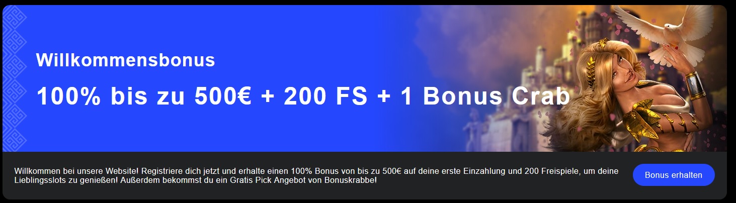 Bild eines Willkommensbonusangebots auf Deutsch. Es lautet: „Willkommensbonus 100 % bis zu 500 € + 200 FS + 1 Bonuskrabbe.“ Darunter erklärt ein Text den Casino-Bonus. Der Hintergrund zeigt eine Figur mit Fantasy-Thema und auf der rechten Seite die Option, den Librabet-Bonus zu erhalten.