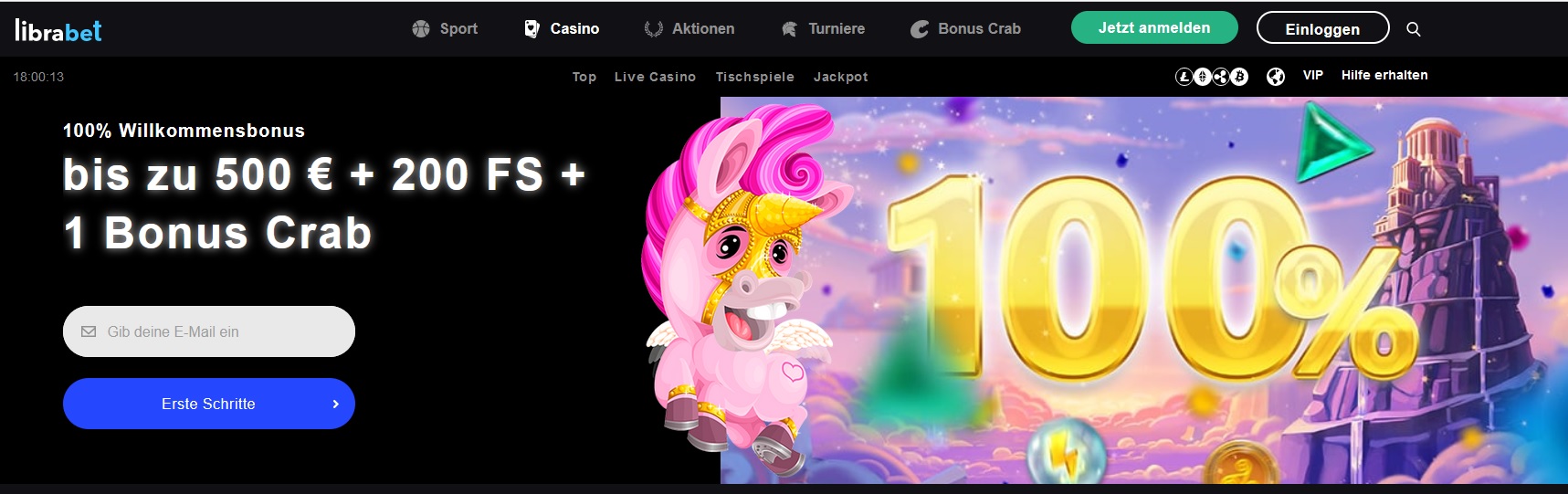 Ein Werbebanner für das Libra Bet Casino zeigt einen bunten Hintergrund mit einem rosa Einhorn. Der Text auf Deutsch bietet einen Librabet Casino Bonus von bis zu 500 € + 200 Freispiele und 1 Bonuskrabbe. Oben rechts gibt es Schaltflächen zur Registrierung und Anmeldung sowie ein Feld zur Eingabe einer E-Mail.