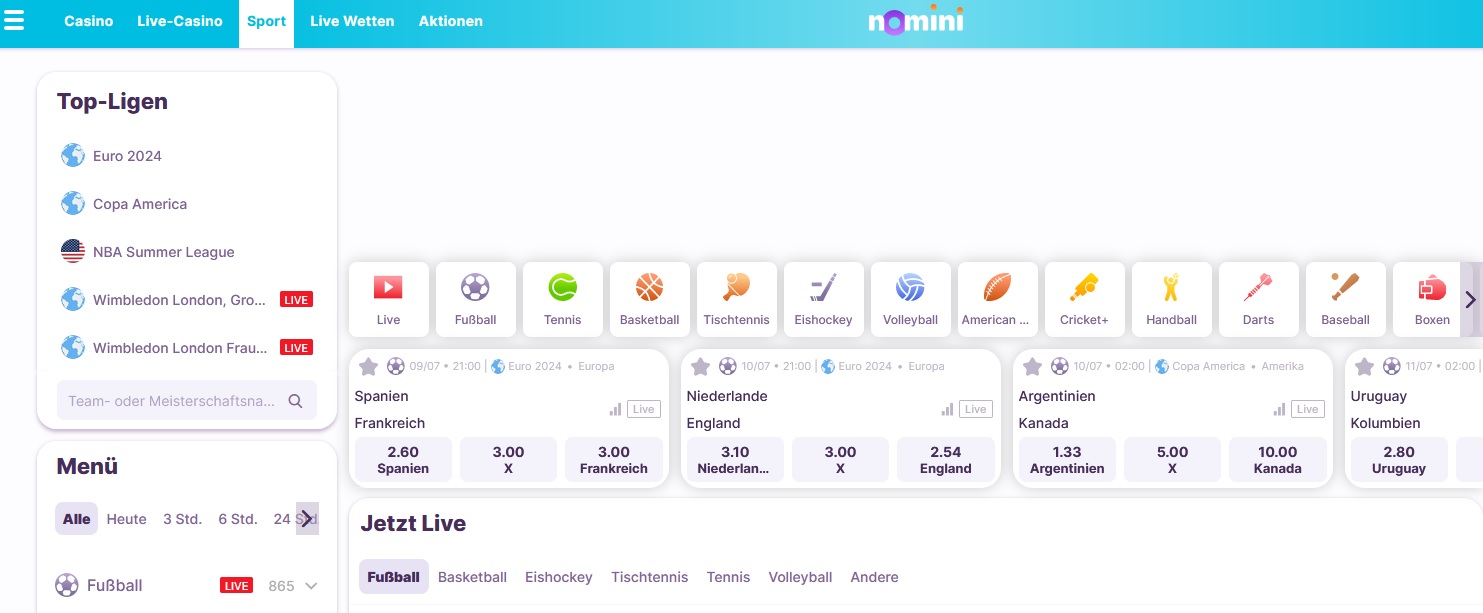 Screenshot der Nomini Sportwetten-Oberfläche auf Deutsch. Top-Sportligen wie die Euro 2024 und die Copa America sind aufgeführt. Verschiedene Sportkategorien, darunter Fußball, Basketball und Tischtennis, werden mit Live-Wettquoten angezeigt. Der Abschnitt „Live“ ist sichtbar, mit einem Neukundenbonus-Angebot zum Sichern.