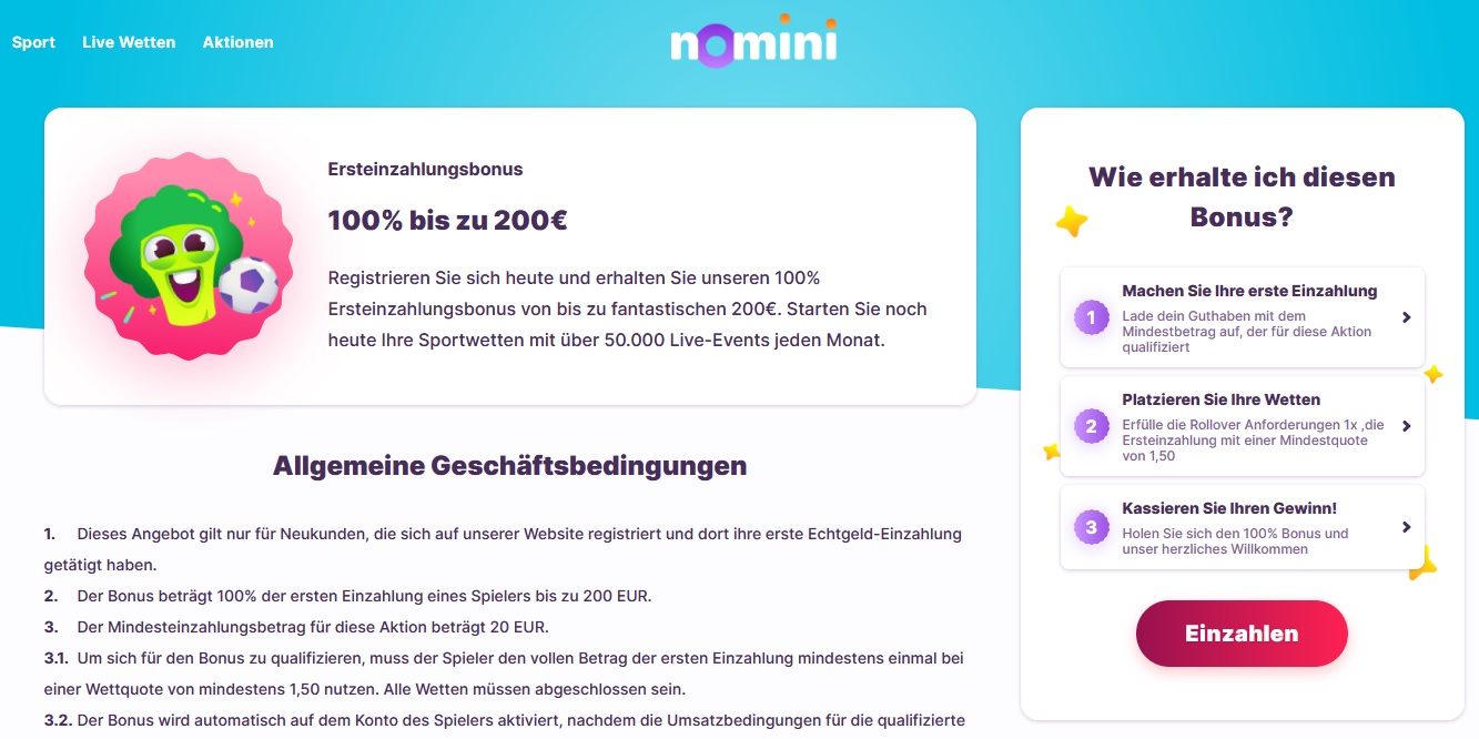 Ein Werbebild für Nomini Sports Betting, das ihren 100% Neukundenbonus bis zu 200 € hervorhebt. Das Bild ist in leuchtenden Farben gehalten und enthält Abschnitte, in denen die Bedingungen und Schritte zum Erhalt des Bonus aufgeführt sind, einschließlich Registrierung, Einzahlung, Wetten und Sicherung Ihrer Gewinne.