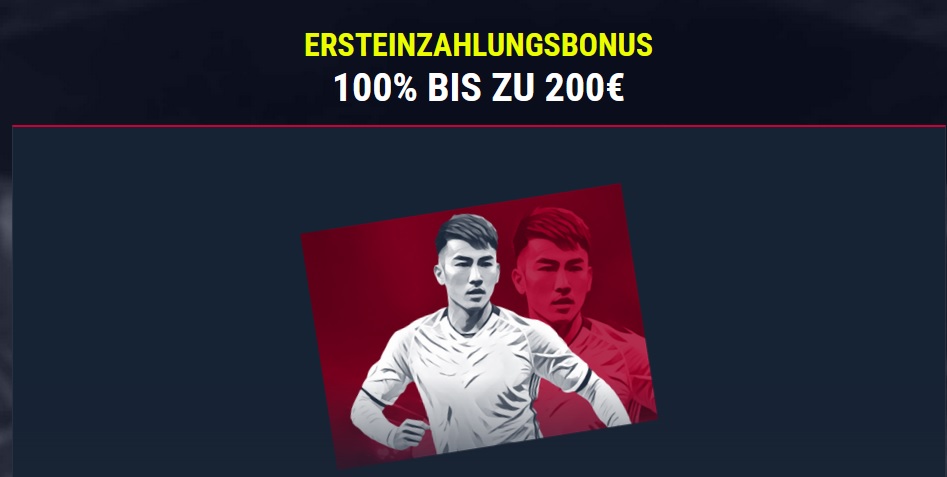 Abbildung eines Fußballspielers in einem weißen Trikot beim Laufen, mit einem roten Hintergrund, auf dem ein weiteres Profilbild desselben Spielers zu sehen ist. Darüber steht in leuchtendem Gelb und Weiß auf dunklem Hintergrund „ERSTEINZAHLUNGSBONUS 100% BIS ZU 200€“. Erleben Sie die Action mit dem Rabona Sport-Neukundenbonus!